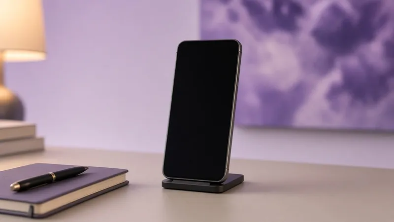Large flagship smartphone on a charging stand on a desk