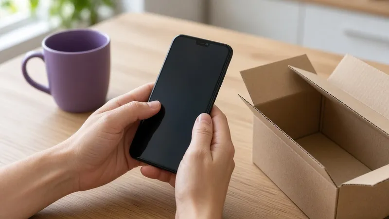 Hands holding a new smartphone beside an opened delivery box