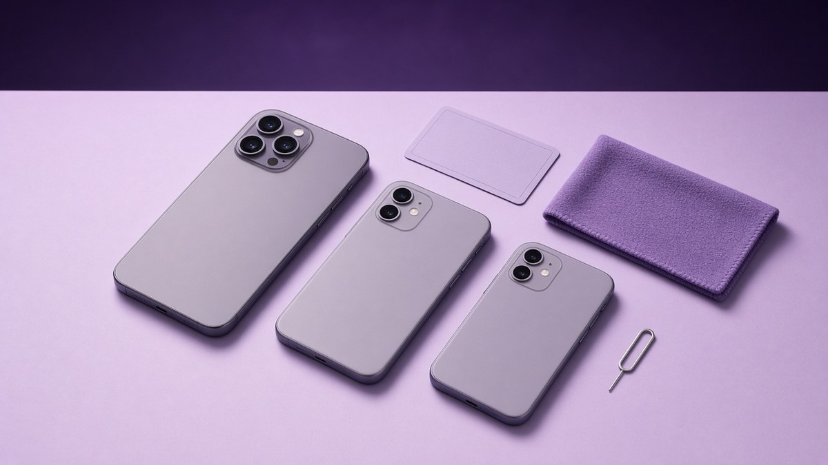 Three refurbished smartphones laid face down on a lilac desk beside a cleaning cloth and a SIM tool