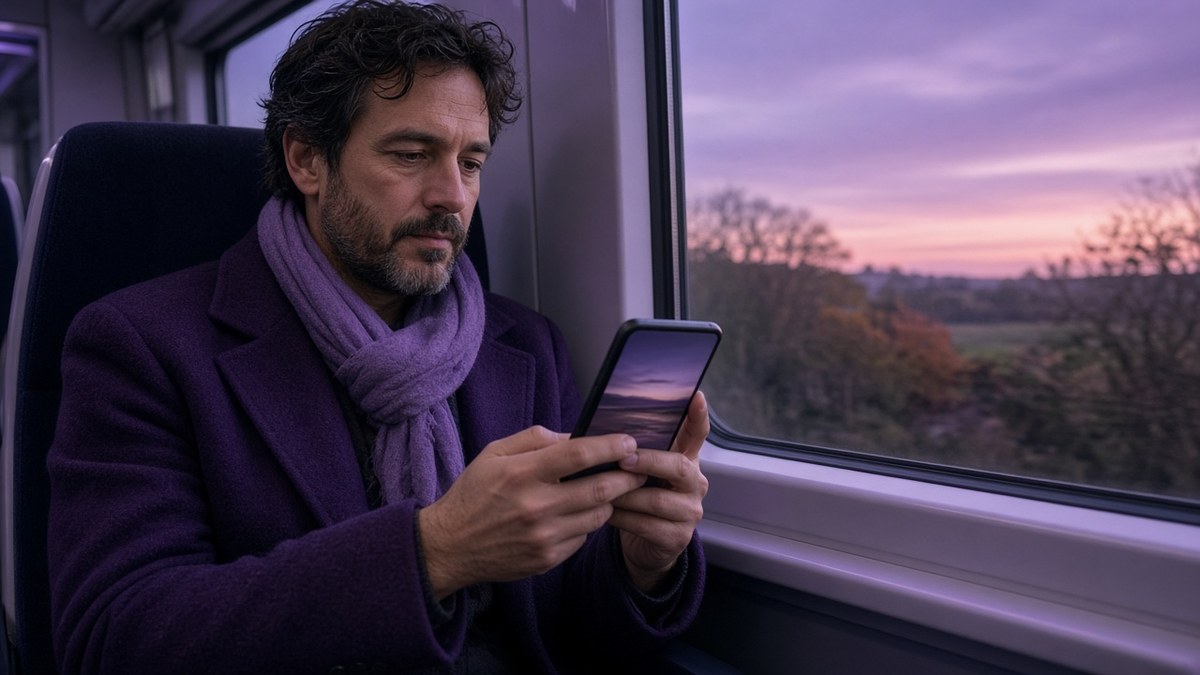 Man in a purple coat watching a video on his phone on a commuter train at dusk