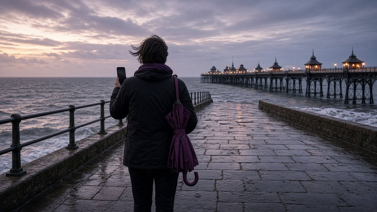 Person seen from behind on a seaside promenade at dusk holding up a smartphone, a plum umbrella under their arm and the pier lights behind
