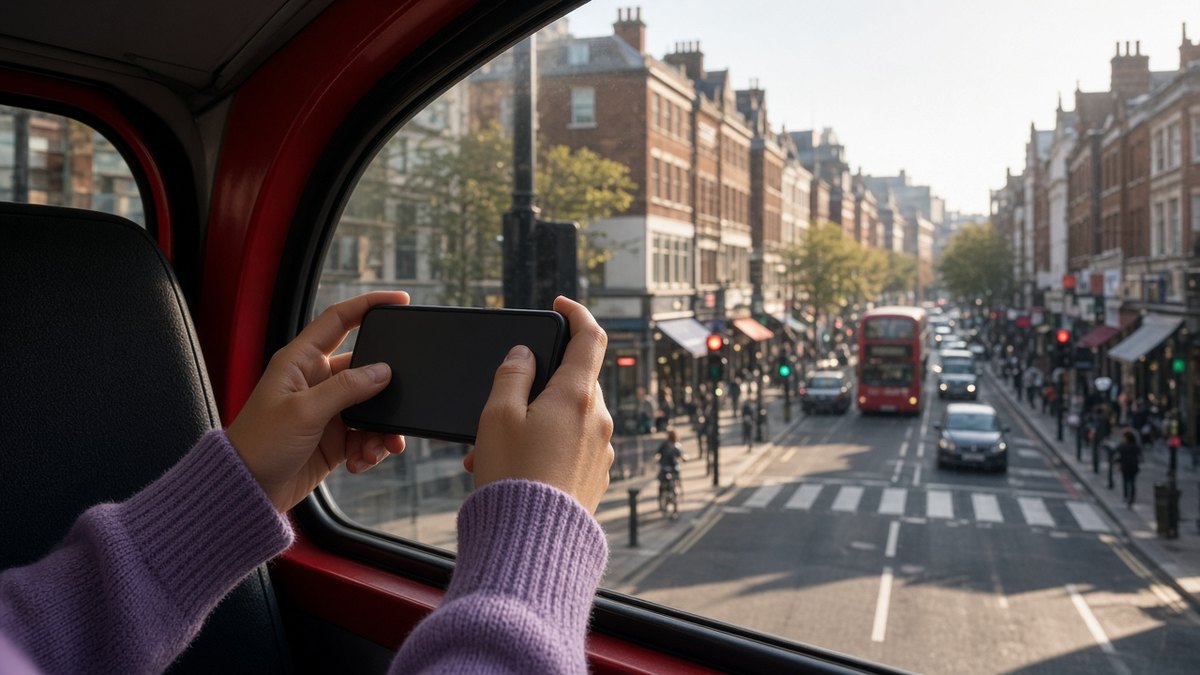 Hands holding a smartphone on the front seat of a double-decker bus top deck, a lilac sleeve and a city street ahead through the window