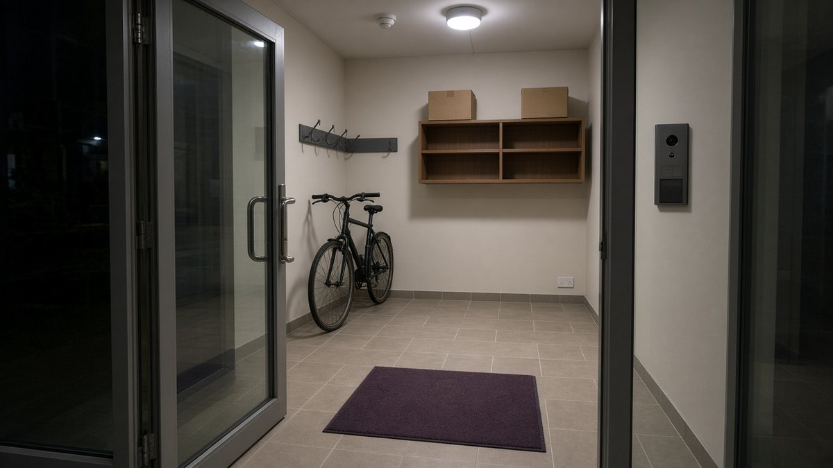 Small block of flats entrance lobby at night lit by a motion-sensor light, with a bike rack and a parcel shelf