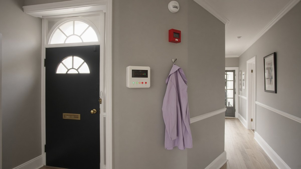 Fire alarm control panel and smoke detector in a clean shared hallway of a converted house, with a lilac coat on a hook
