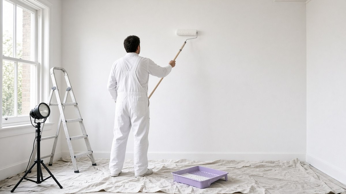 Decorator seen from behind painting a bedroom wall white between tenancies, a roller tray in lilac and dust sheets on the floor