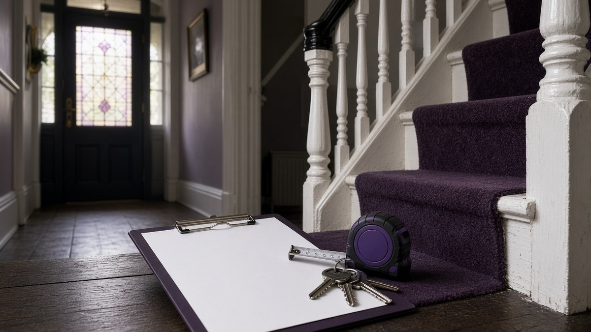 Inventory clipboard, tape measure and a bunch of keys on the bottom stair of an empty shared-house hallway with a plum stair runner