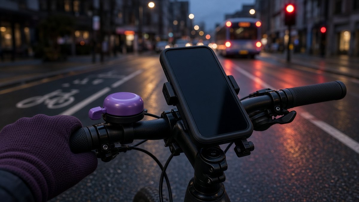Smartphone in a handlebar mount on a bicycle paused at a city cycle lane in the evening, a plum glove on the grip and blurred street lights ahead