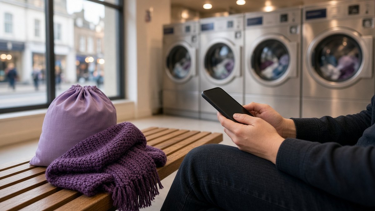Hands holding a smartphone on a bench in a bright UK launderette, a lilac laundry bag beside them and front-loading machines turning behind