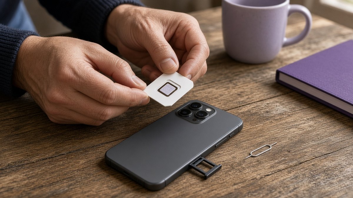 Hands pressing a nano SIM out of a blank SIM card beside a smartphone with its tray open