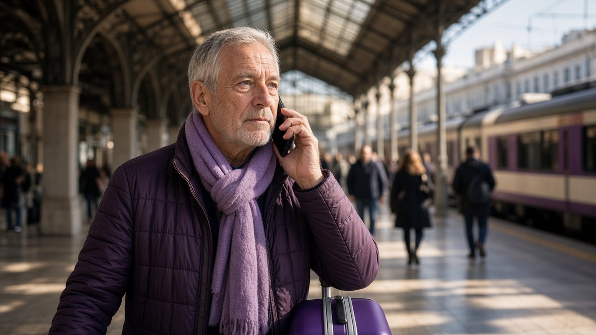 Older man on a phone call on a sunny European railway platform with a suitcase