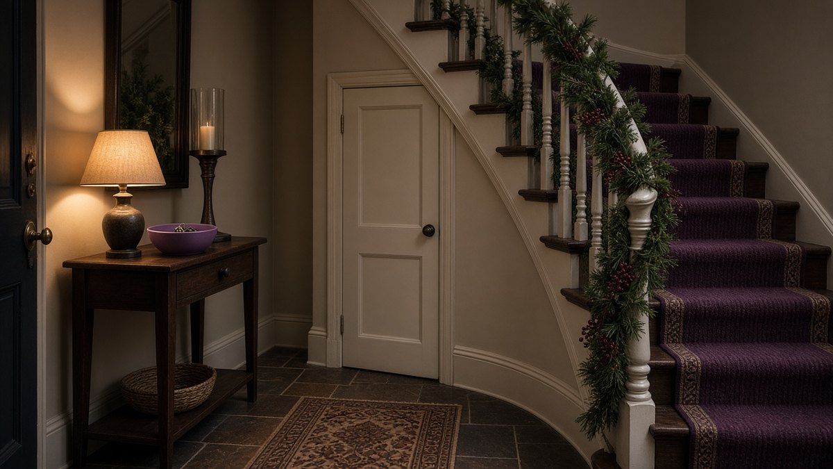 Hallway with a festive garland on the banister and a closed under-stairs cupboard door and a lamp on the console table