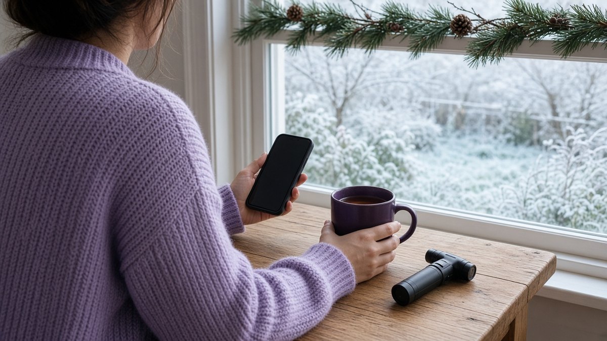 Person in a knitted jumper seen from behind at a kitchen table on a winter morning holding a smartphone, a plum mug beside them