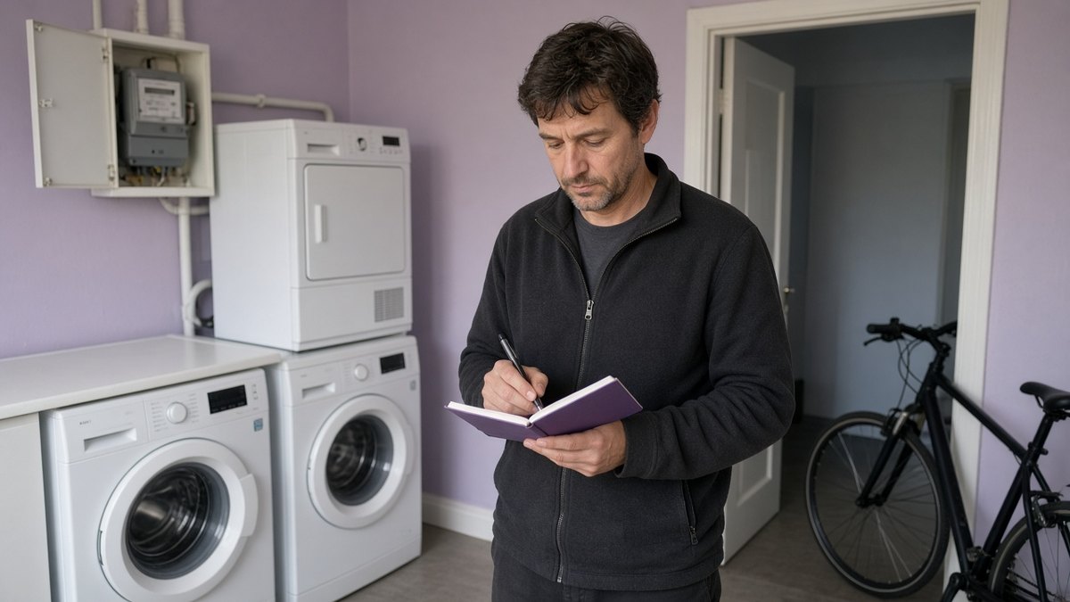 Landlord noting a meter reading in the shared utility room of an HMO with washing machines running