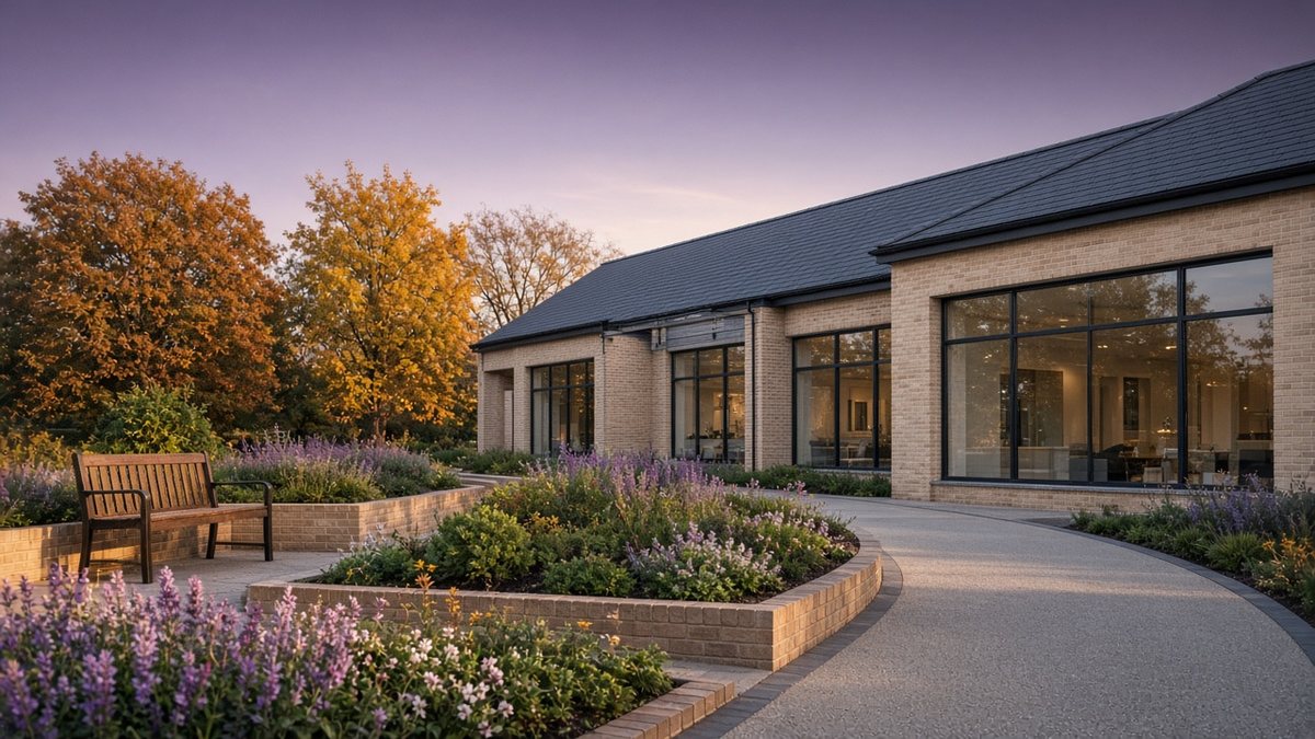 Modern single-storey care home with a landscaped garden and benches on an autumn afternoon