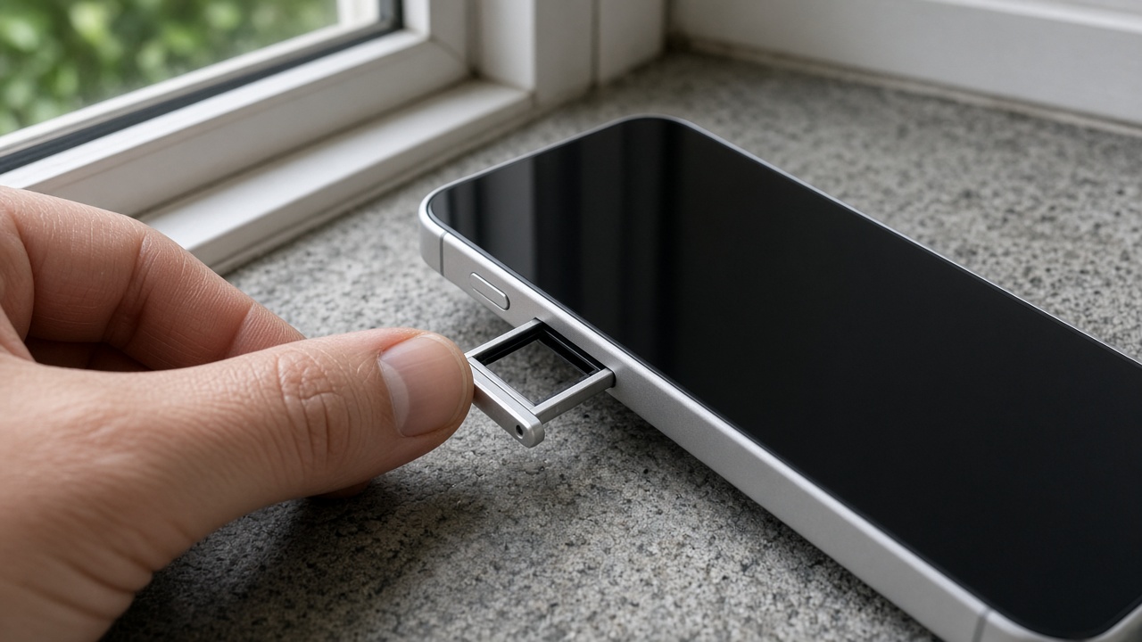 A thumb opening a phone SIM tray on a windowsill