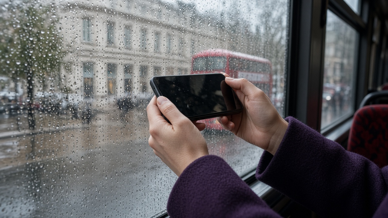 Hands holding a phone on a rainy bus