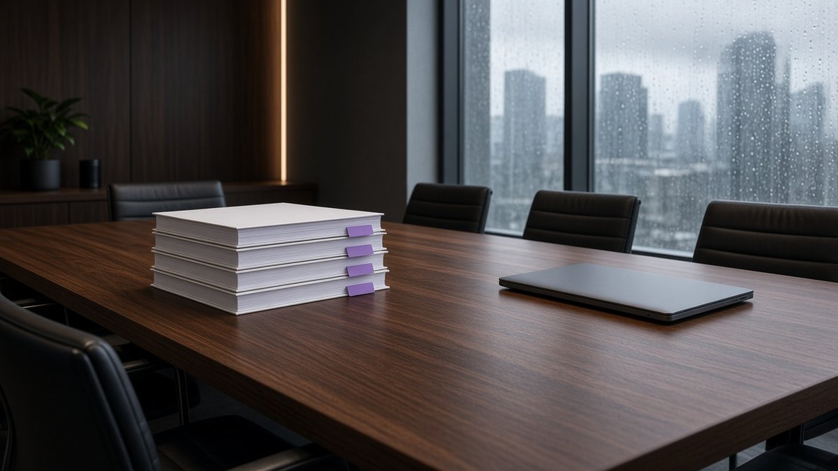 Stack of plain bound reports with lilac tabs on a long boardroom table, rain on the window and a city skyline beyond, no people