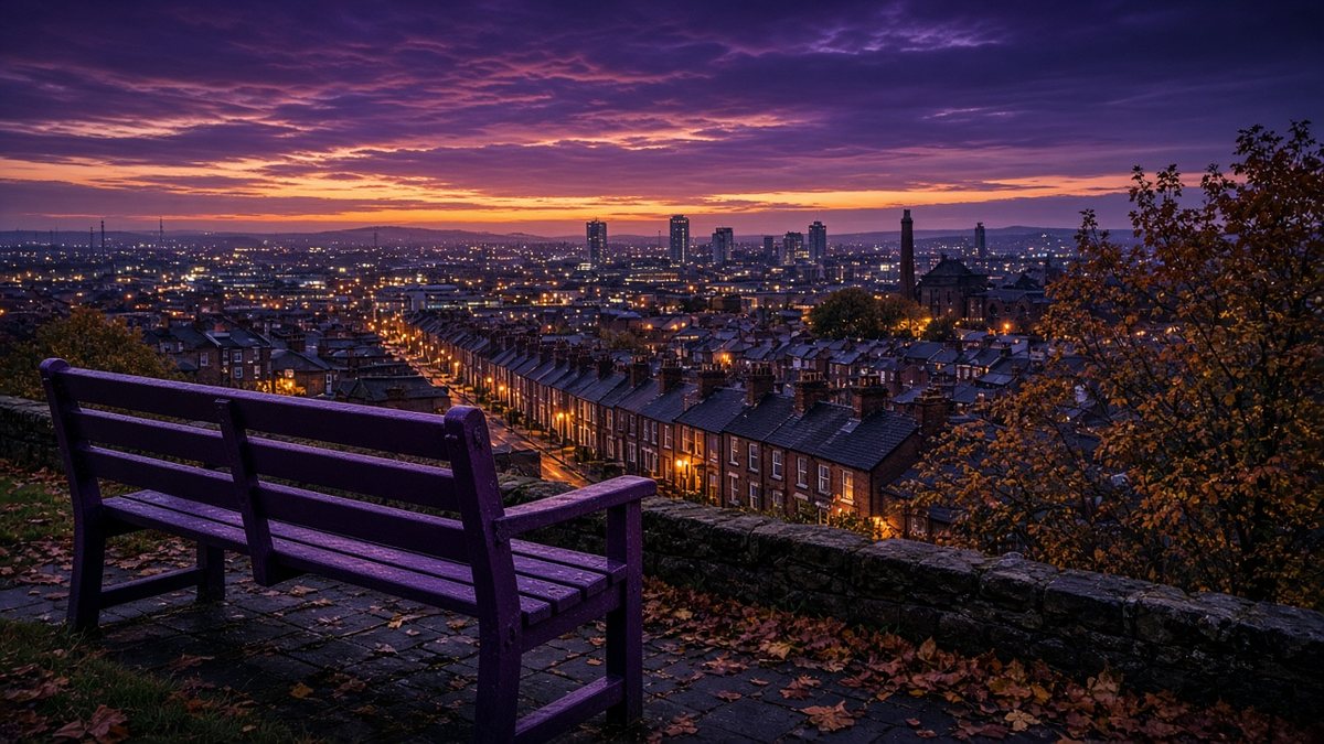 Rows of red-brick terraced houses seen from a hillside park at dusk in a northern English city, a plum bench in the foreground