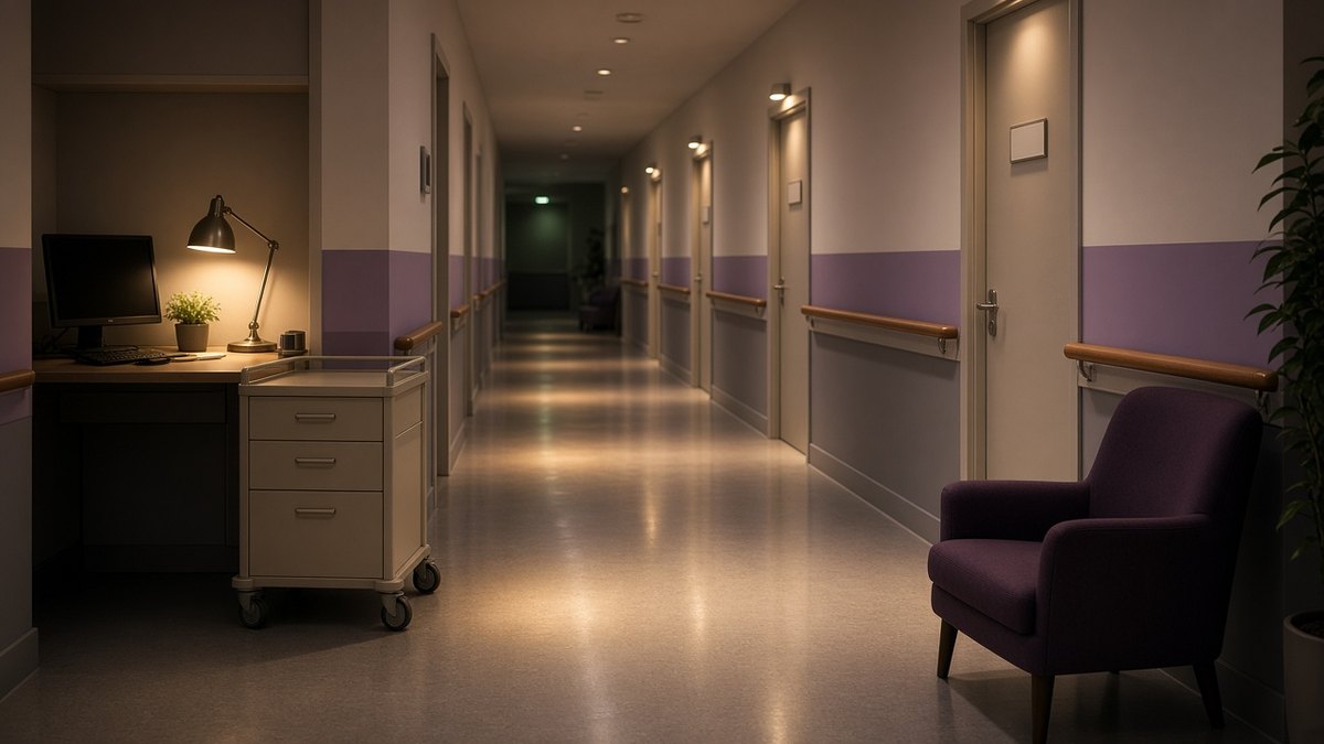 Quiet nursing home corridor at night with a lit nurses’ station, a medication trolley and soft low lighting, no people