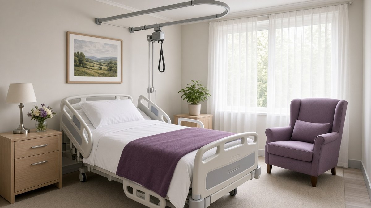 Bright nursing home resident room with a made-up profiling bed, a ceiling hoist track and a lilac armchair by the window, no people