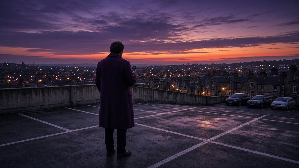 Person seen from behind on the top deck of a multi-storey car park at dusk, looking at a smartphone, wearing a plum coat with town lights below