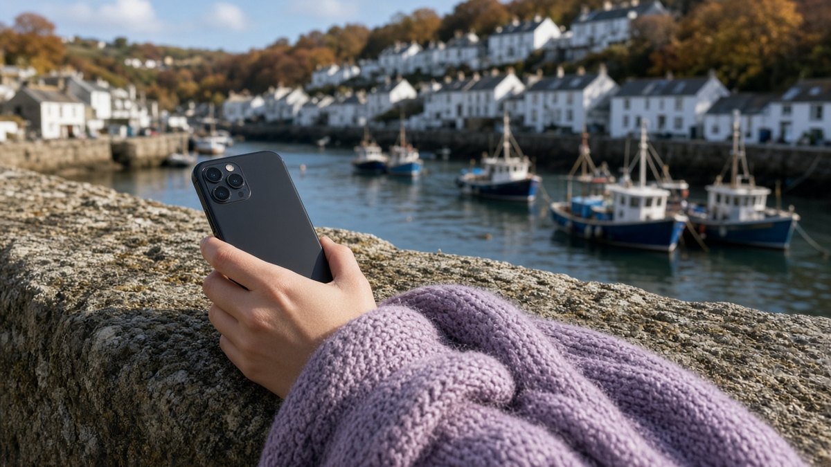 Hand holding a smartphone on a stone harbour wall in a Cornish fishing village, a lilac scarf in the foreground and small boats moored in the harbour behind