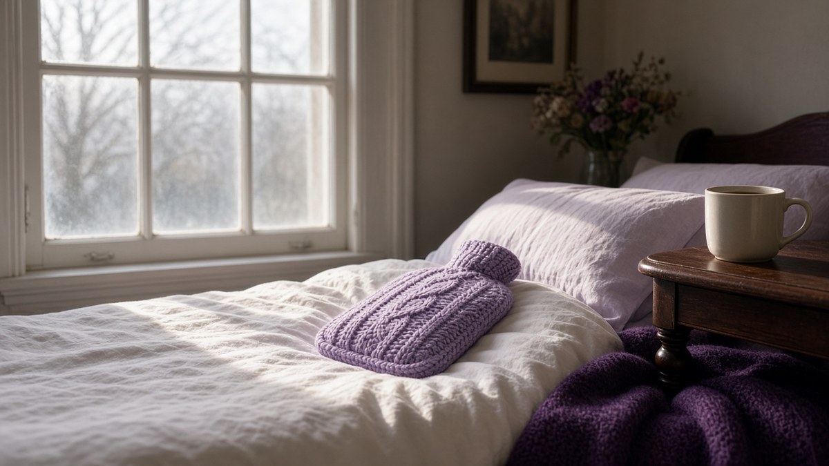 Hot water bottle in a lilac knitted cover resting on a thick duvet in a bedroom on a cold winter morning, pale light through a sash window