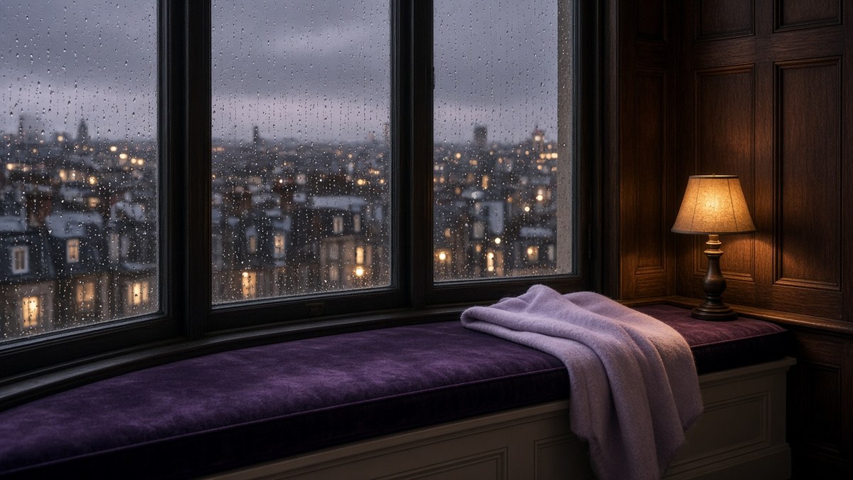 Bay window of a London mansion-block flat at dusk with rain on the glass, a plum cushion on the window seat and blurred city lights beyond
