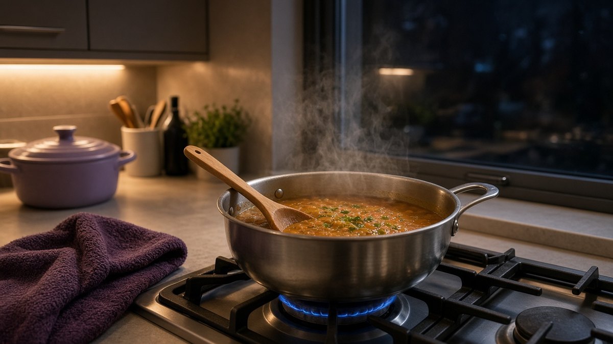Pan of soup steaming on a gas hob in a home kitchen on a dark winter evening