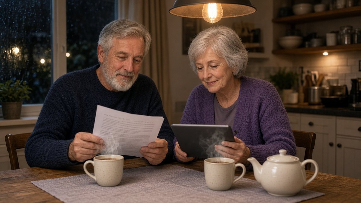 Older couple at a kitchen table with a letter and a tablet, mugs of tea and a teapot on a winter evening