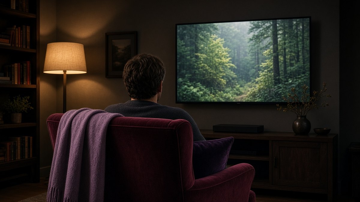 Person seen from behind in an armchair watching a nature programme on a wall-mounted TV in a cosy lounge