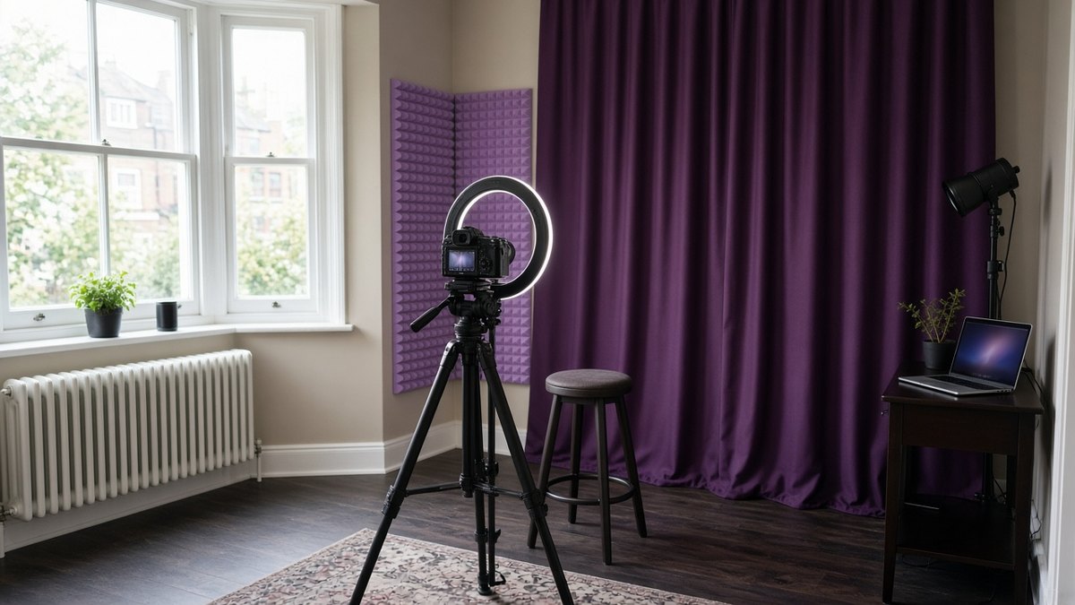 Small terraced front room set up as a home video studio with a ring light, camera on a tripod and a laptop