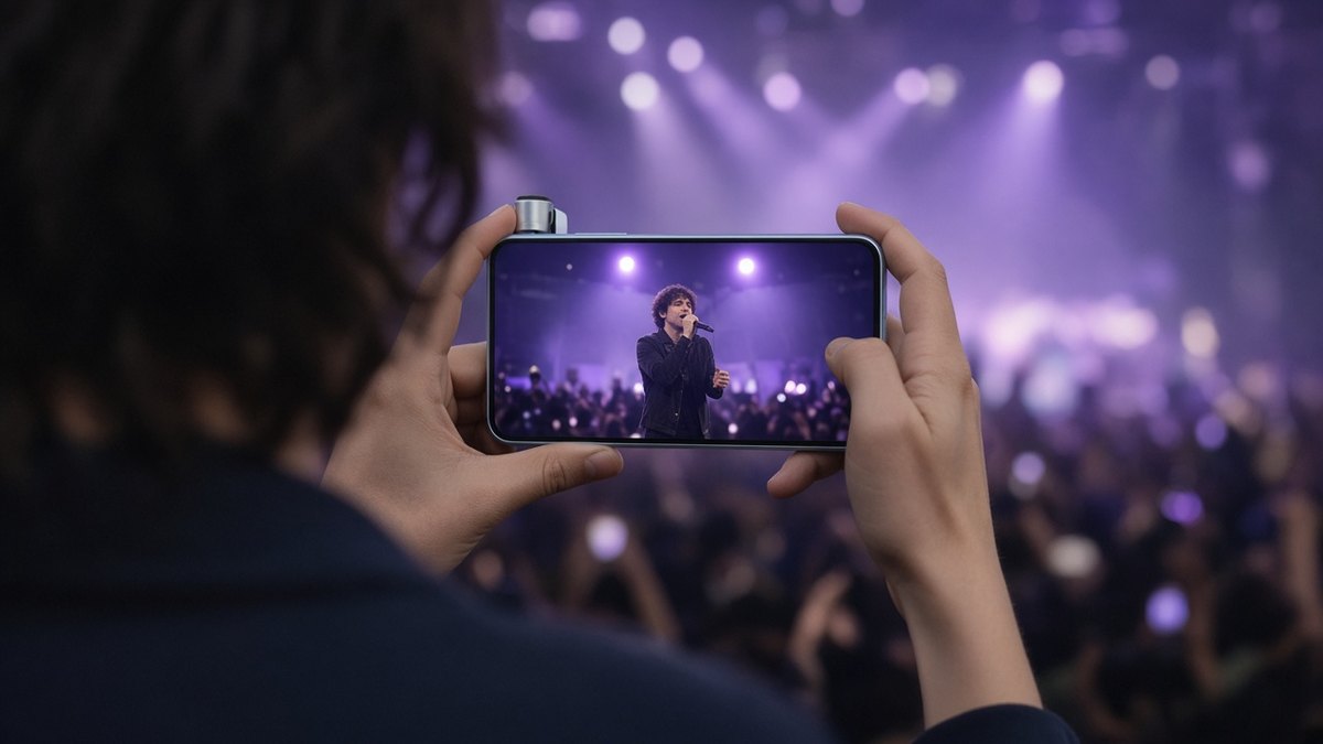 Concert-goer seen from behind holding a pale smartphone in landscape, its screen showing a singer on stage, with a short silver zoom lens fitted to the back of the phone under purple stage lights