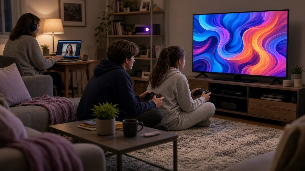 Teenagers gaming while a parent video calls in the same living room