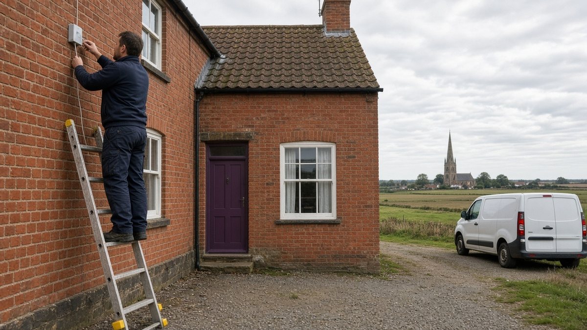 Broadband engineer on a ladder connecting a cable to a cottage in a Lincolnshire village