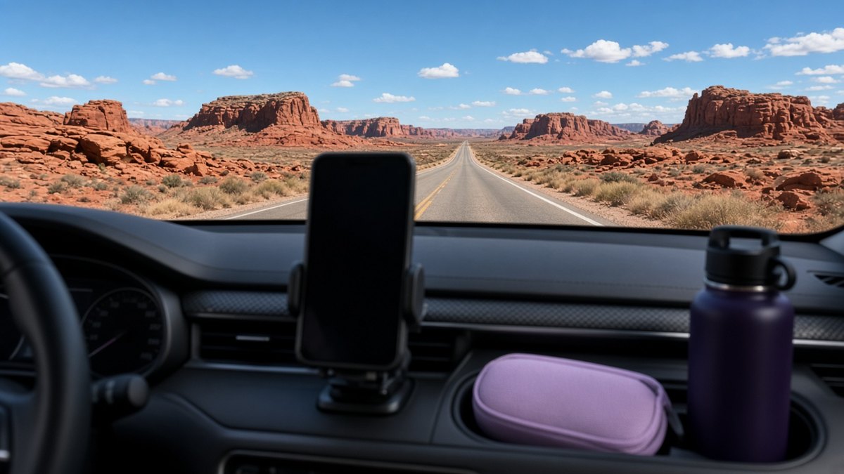 Smartphone with a dark screen in a car air-vent mount, a straight desert highway and red rock buttes ahead