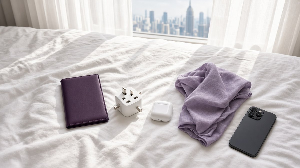 Travel flat lay on a hotel bed with a plum passport holder, a travel adapter, earbuds case and a face-down smartphone