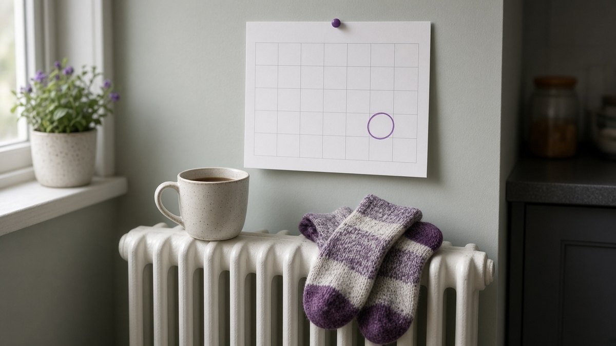Wall calendar with a late November date circled above a radiator and a mug