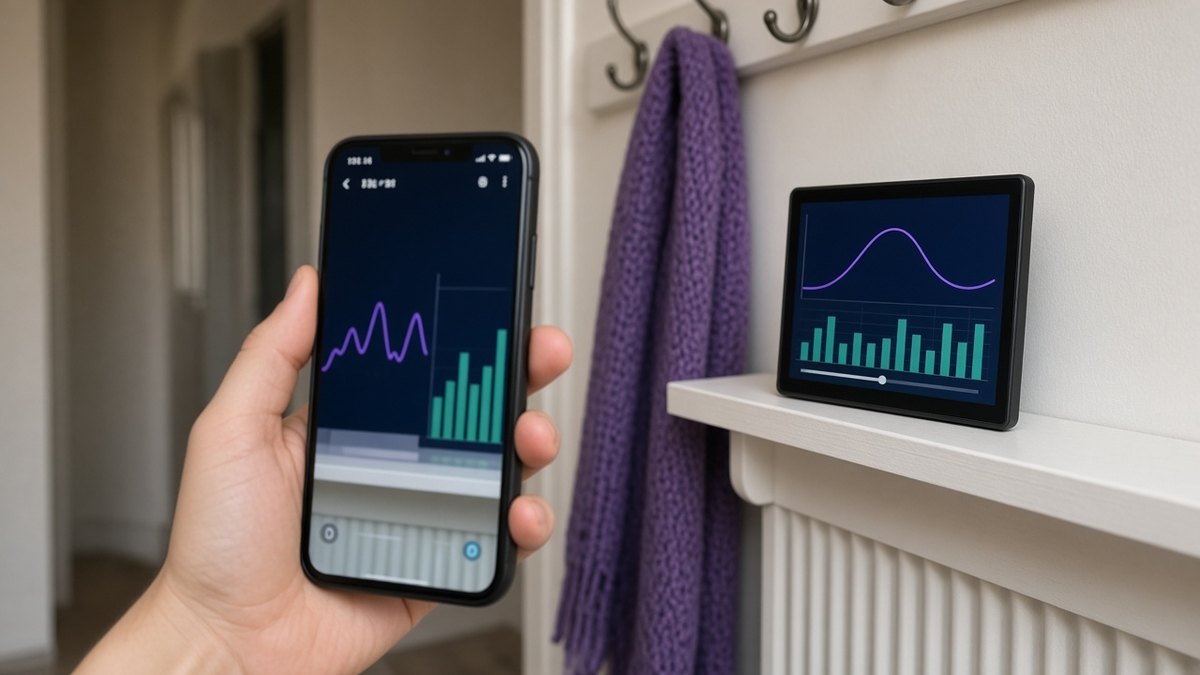 Person taking a photo of a smart meter in-home display in a hallway
