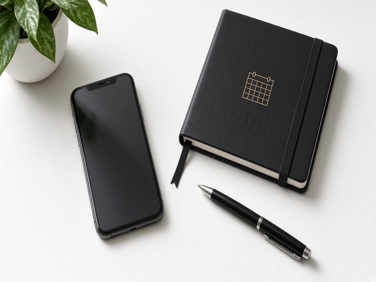 Home desk with phone, notepad and calendar planning a 24-month SIM contract