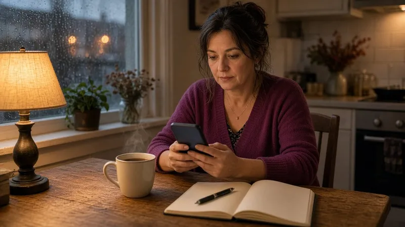 Woman at a kitchen table on an autumn evening checking her phone data use beside a notebook and a mug of tea