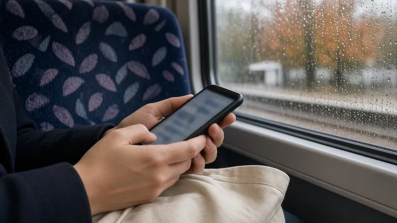 Hands holding a smartphone beside a rain-streaked train window with autumn trees blurred outside