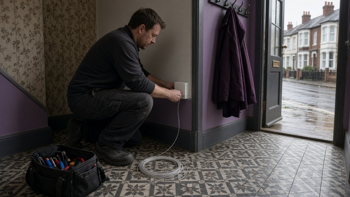 Broadband engineer fitting a fibre wall box in the hallway of a UK home