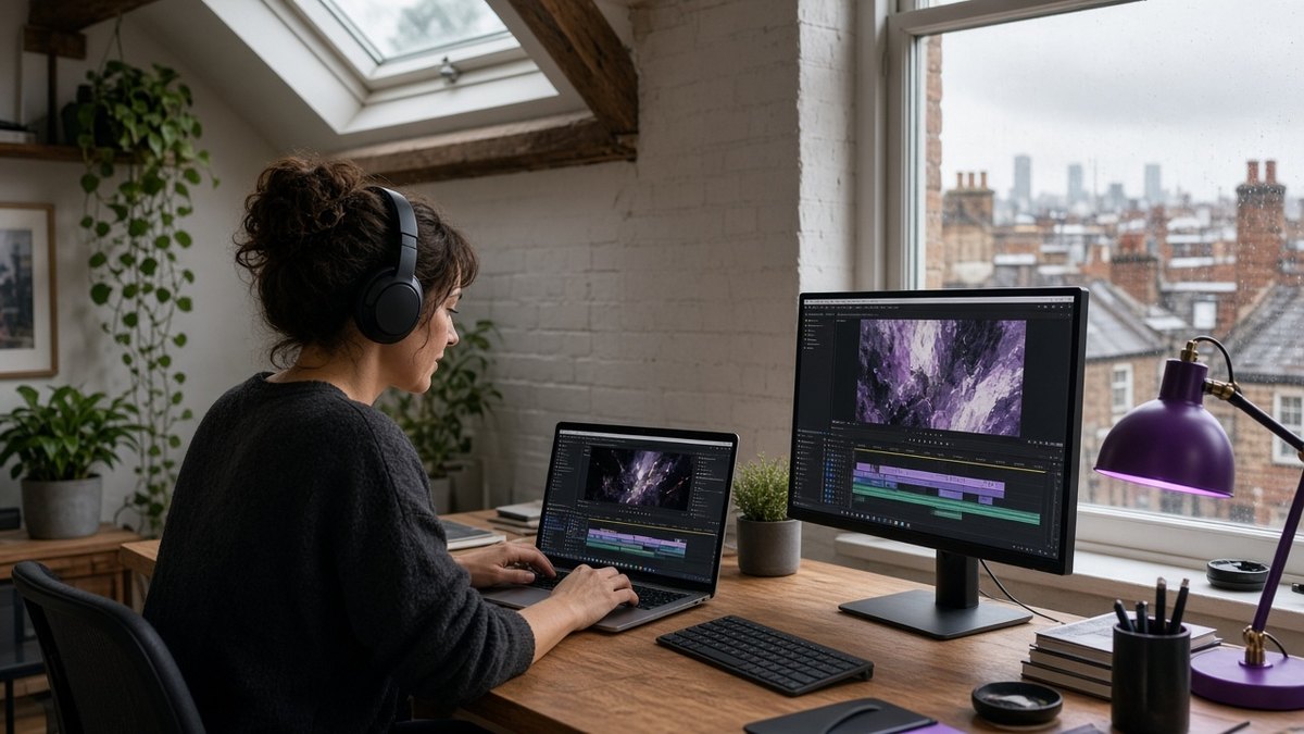 Woman uploading large video files from a laptop in a converted loft home office