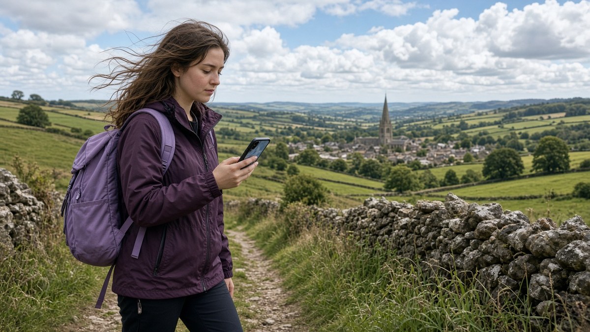 Woman with a lilac backpack checking her phone on a countryside footpath beside a dry-stone wall, a village church spire in the valley behind