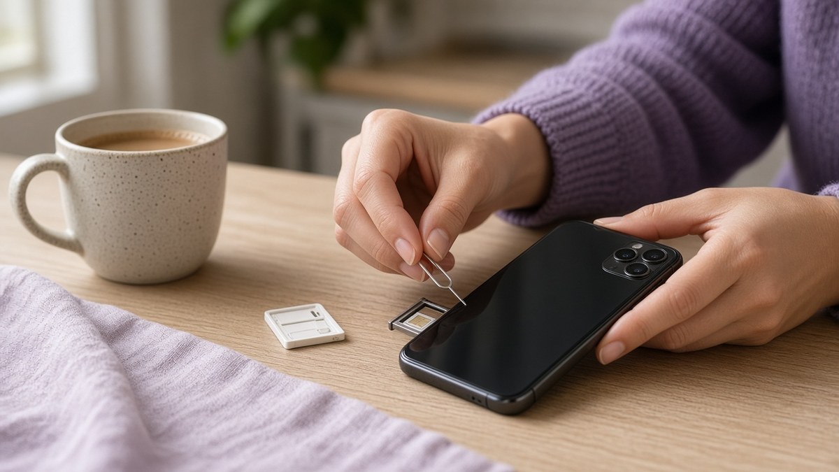 Hands using a SIM ejector pin to open the SIM tray of a black smartphone on a wooden kitchen table beside a coffee mug and a spare SIM card