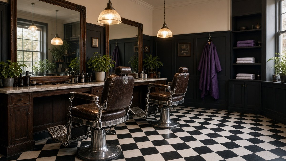 Empty traditional barber shop with leather chairs, mirrors and warm lighting before opening