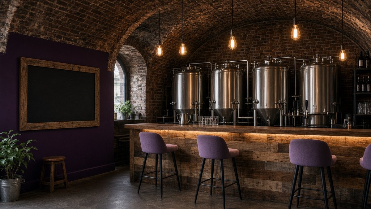 Small brewery taproom with stainless steel tanks behind a wooden bar, lights on and no people