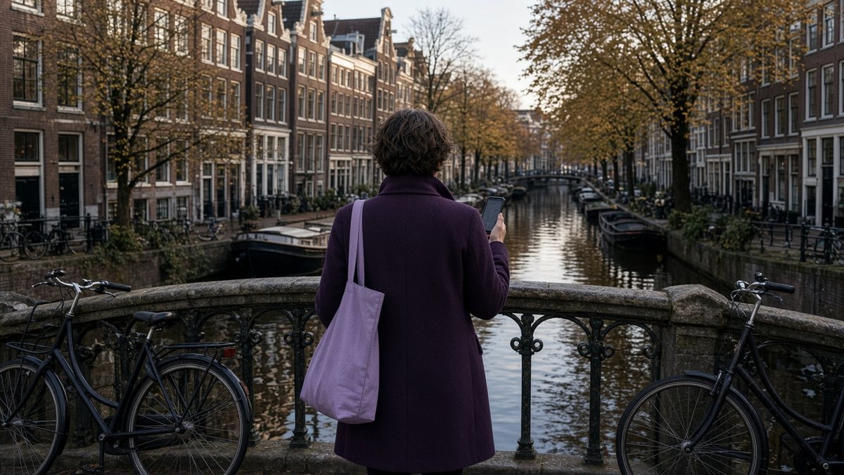 Traveller seen from behind on an Amsterdam canal bridge with bicycles on the railings, holding a smartphone