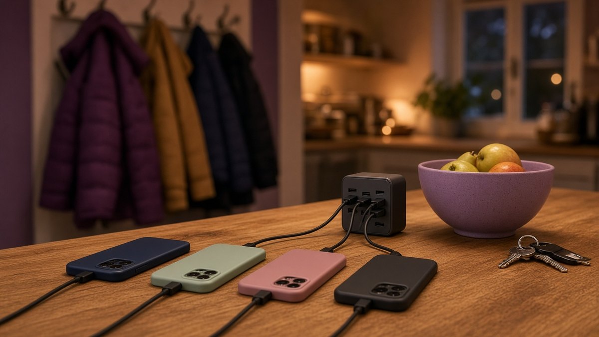 Four smartphones in different cases charging from one multi-port charger on a kitchen island beside a fruit bowl